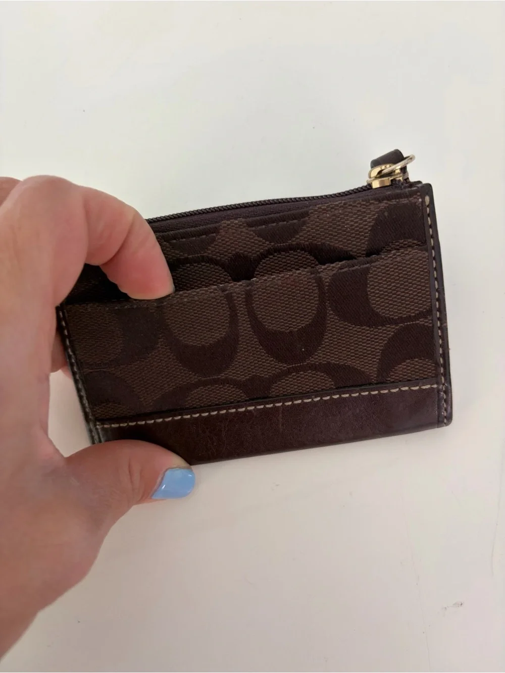 Coach Signature Jacquard Brown Leather Zip Keychain Coin Purse Card Case